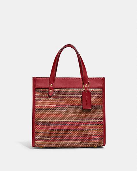 COACH®,FIELD TOTE 22 IN UPWOVEN LEATHER,Leather,Small,Brass/Brick Red Multi,Front View