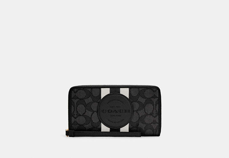 COACH®,DEMPSEY LARGE PHONE WALLET IN SIGNATURE JACQUARD WITH STRIPE AND COACH PATCH,cotton,Silver/Black Smoke Black Multi,Front View