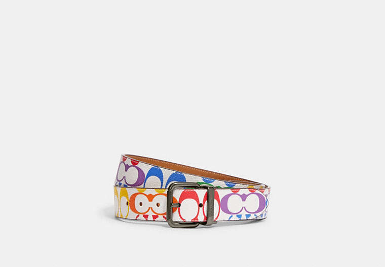 COACH®,ROLLER BUCKLE CUT-TO-SIZE REVERSIBLE BELT IN RAINBOW SIGNATURE CANVAS, 38MM,pvc,Gunmetal/Chalk Multi,Front View
