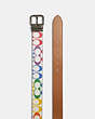 COACH®,ROLLER BUCKLE CUT-TO-SIZE REVERSIBLE BELT IN RAINBOW SIGNATURE CANVAS, 38MM,pvc,Gunmetal/Chalk Multi,Angle View