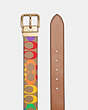 COACH®,ROLLER BUCKLE CUT-TO-SIZE REVERSIBLE BELT IN RAINBOW SIGNATURE CANVAS, 38MM,pvc,Gunmetal/Khaki Multi,Angle View