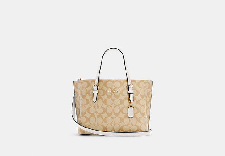 COACH®,MOLLIE TOTE 25 IN SIGNATURE CANVAS,Signature Coated Canvas/Smooth Leather,Large,Anniversary,Gold/Light Khaki Chalk,Front View