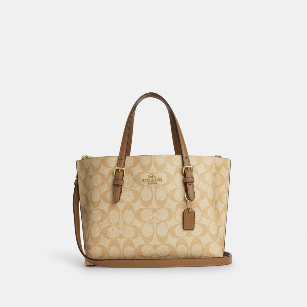 COACH®,Mollie Tote Bag 25 In Signature Canvas,Canvas,Leather,Tote,PVC,Logo,Gold Metal,Work,Beige,Front View