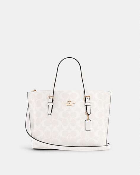 COACH®,MOLLIE TOTE 25 IN SIGNATURE CANVAS,Signature Coated Canvas/Smooth Leather,Large,Anniversary,Gold/Chalk/Glacierwhite,Front View