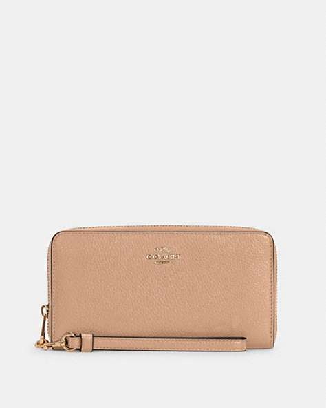 COACH®,LONG ZIP AROUND WALLET,Pebbled Leather,Mini,Gold/Taupe,Front View