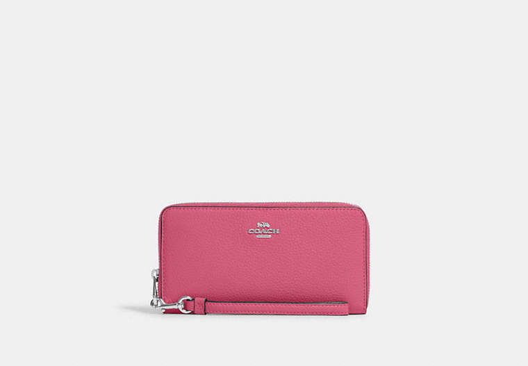 COACH®,LONG ZIP AROUND WALLET,Pebbled Leather,Mini,Silver/Petunia,Front View