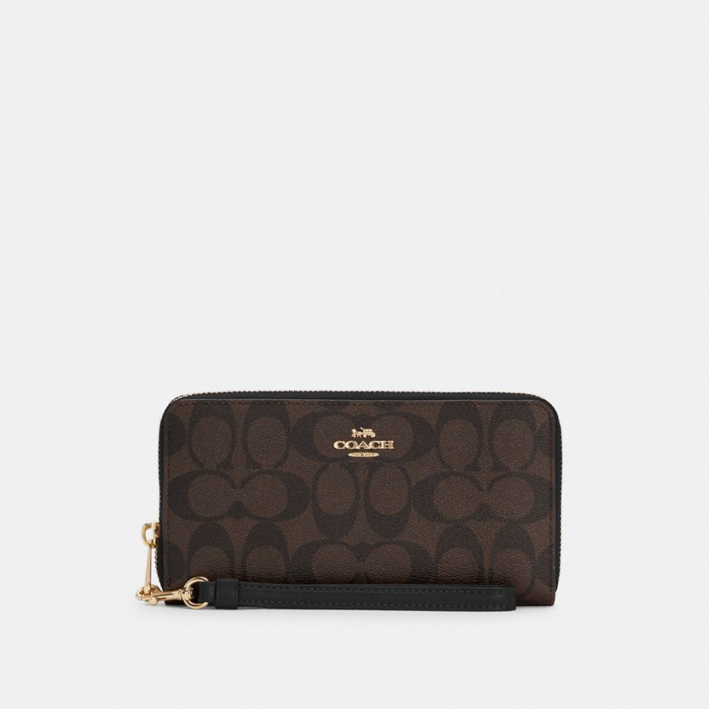 COACH®,LONG ZIP AROUND WALLET IN SIGNATURE CANVAS,pvc,Mini,Gold/Brown Black,Front View