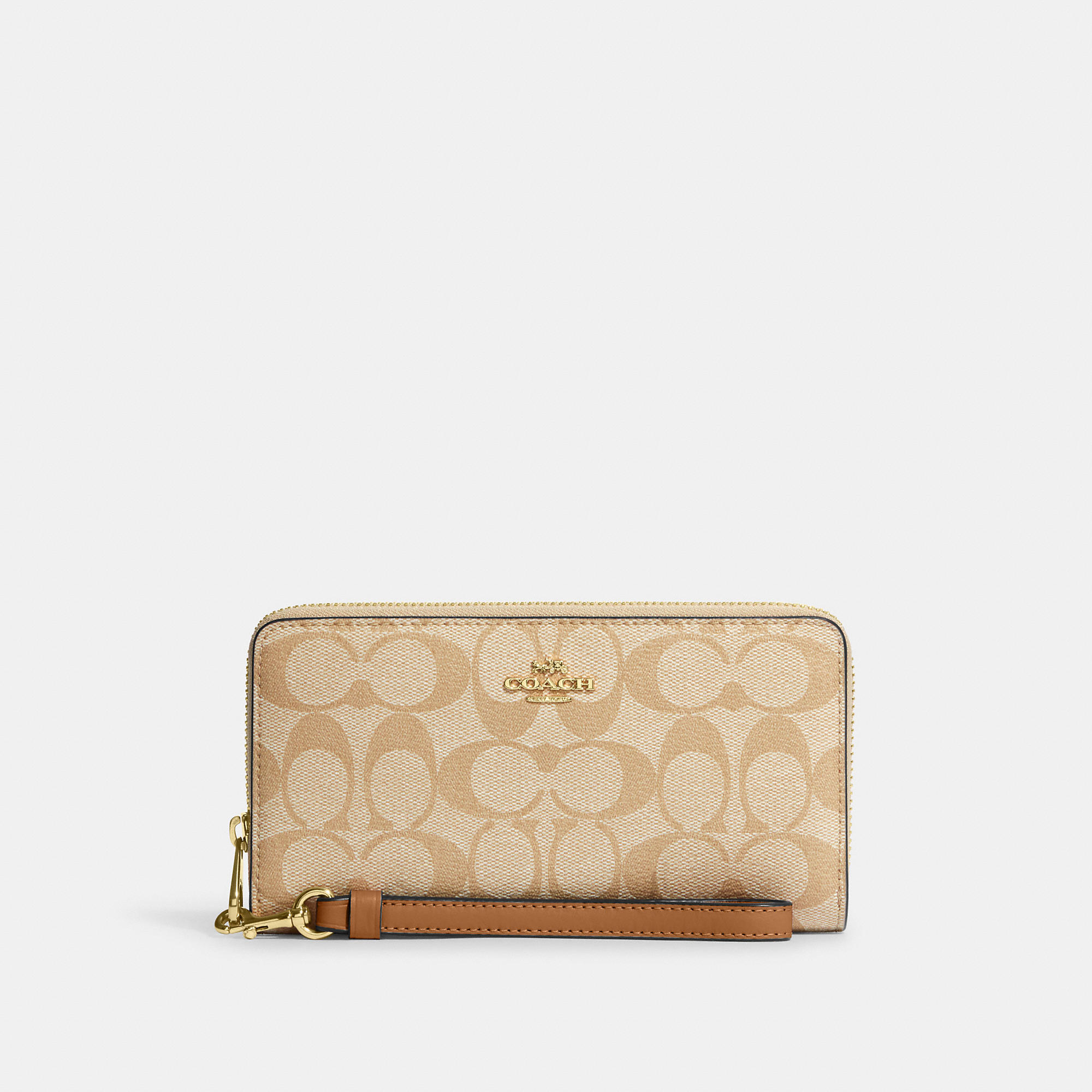 Shop Coach Outlet Long Zip Around Wallet In Signature Canvas In Im/light Khaki/light Saddle