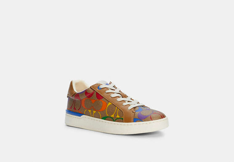 COACH®,CLIP LOW TOP SNEAKER IN RAINBOW SIGNATURE CANVAS,n/a,Rainbow Signature,Front View