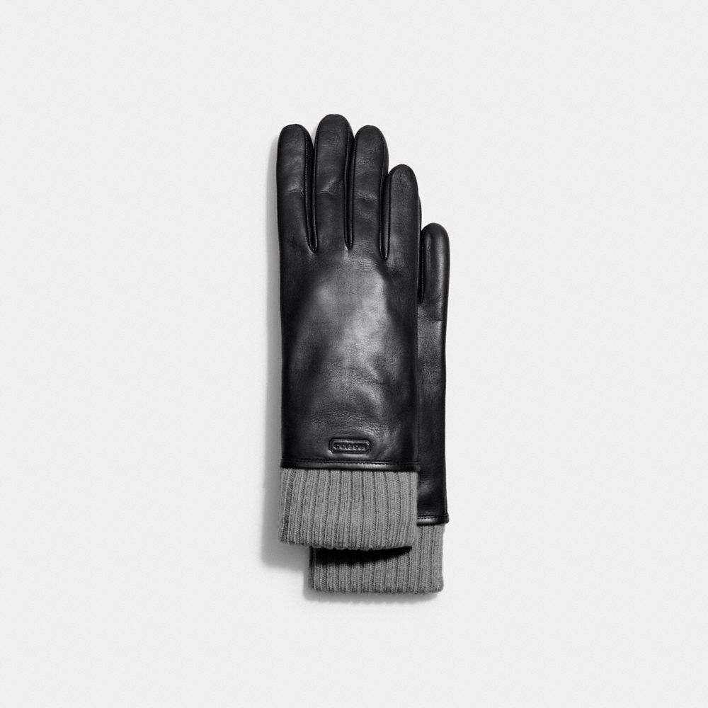 COACH® Leather Knit Cuff Mixed Gloves