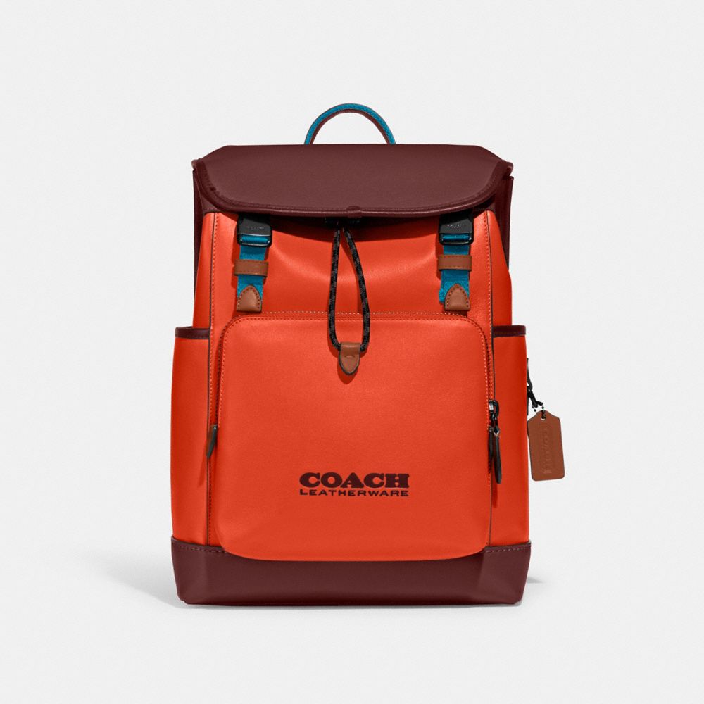 Coach League Flap Backpack In Colorblock In Red Orange Multi