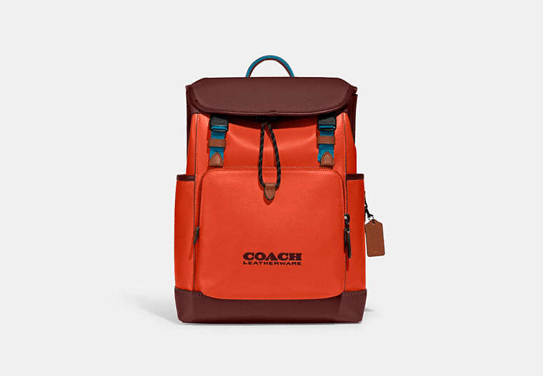 Coach League Flap Backpack In Colorblock In Red Orange Multi
