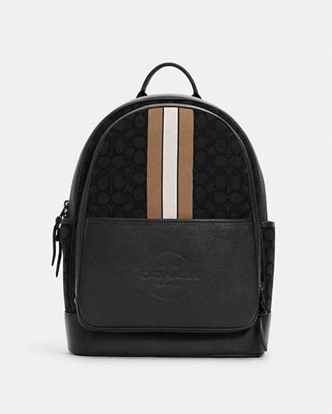COACH®,THOMPSON BACKPACK IN SIGNATURE JACQUARD WITH VARSITY STRIPE,Leather,Large,Gunmetal/Black Elm Multi,Front View