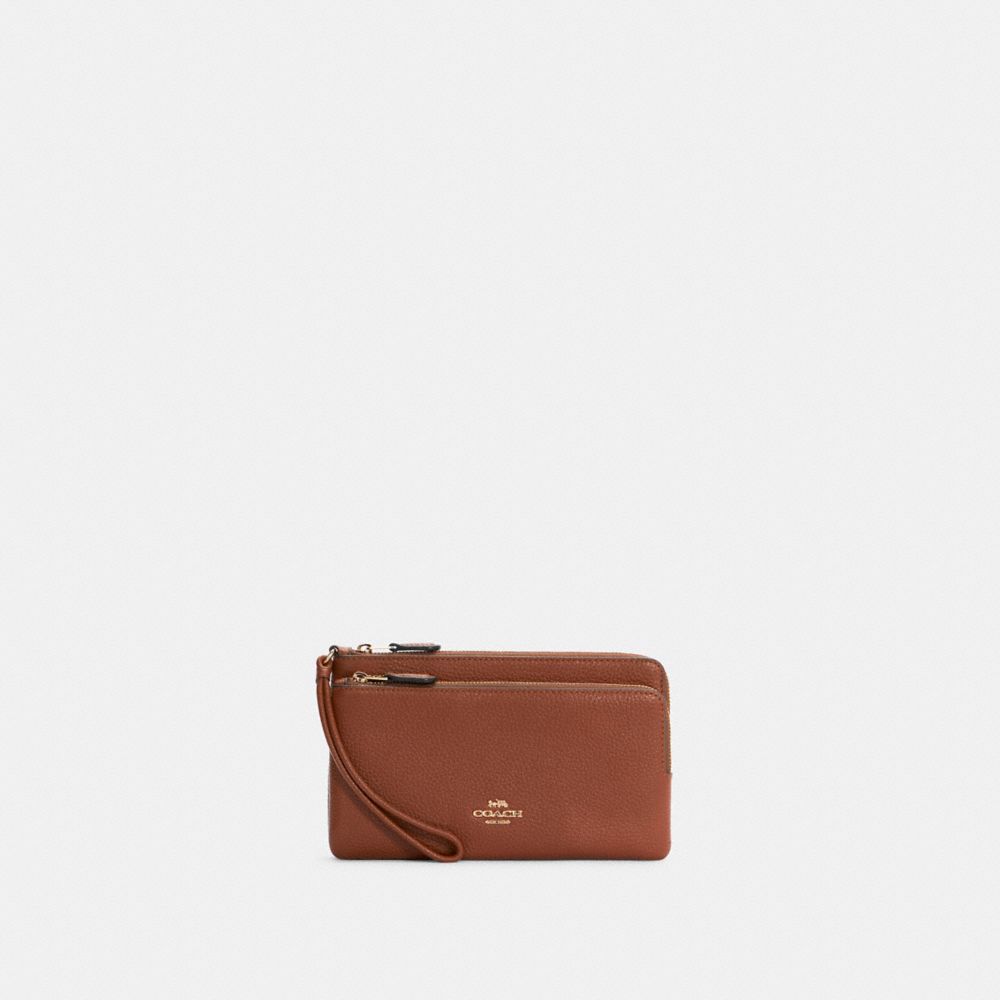 COACH®,Double Zip Wallet,Leather,Wristlet,Pouch,Casual,Brown,Front View