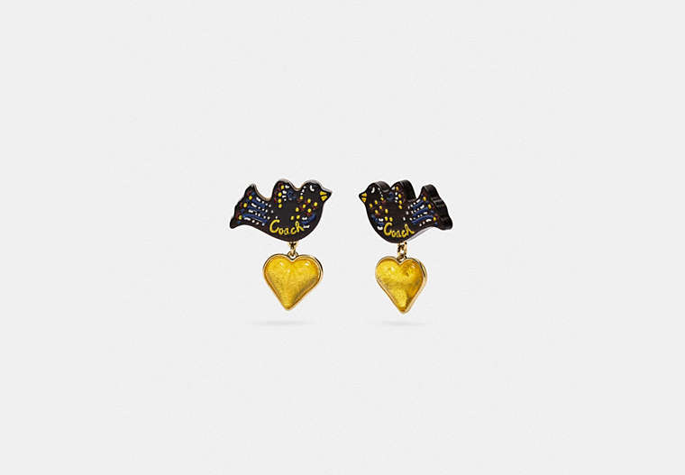 COACH®,BIRD HEART EARRINGS,Wood/Plated Brass,Gold And Resin,Front View