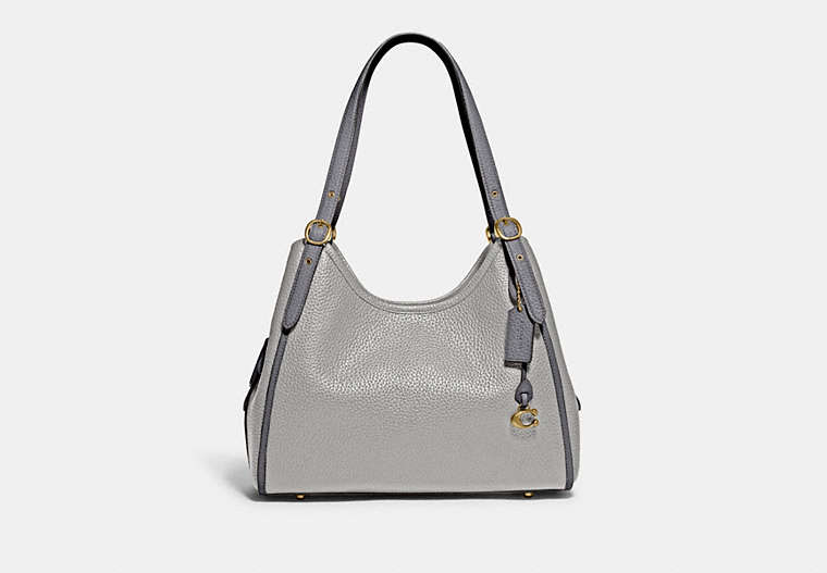 COACH®,LORI SHOULDER BAG IN COLORBLOCK,Pebble Leather,Large,Brass/Dove Grey,Front View