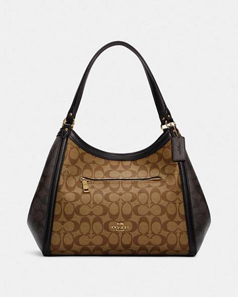 COACH®,KRISTY SHOULDER BAG IN BLOCKED SIGNATURE CANVAS,Signature Coated Canvas/Smooth Leather,Large,Everyday,Gold/Khaki Brown Multi,Front View