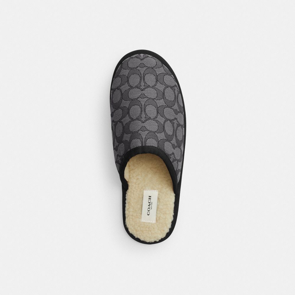 COACH®,Slipper In Signature Jacquard,Shearling,Recycled Polyester,Rubber,Lining Shearling,Slippers,Logo,Piping,Indoor,Multi Color,Inside View,Top View