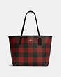 COACH®,CITY TOTE WITH BUFFALO PLAID PRINT,n/a,Large,Silver/Black/1941 Red Multi,Front View