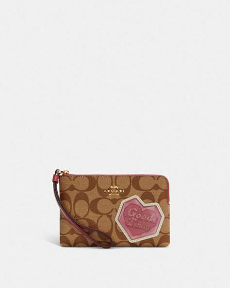 Corner Zip Wristlet In Signature Canvas With Disco Patches