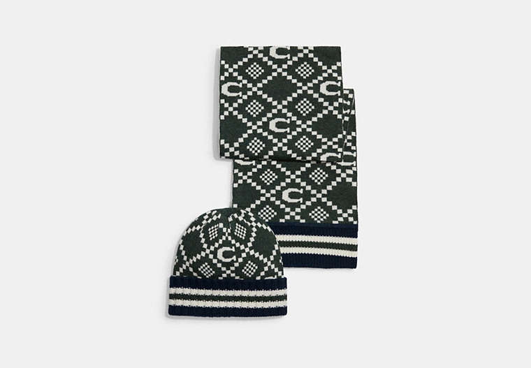 COACH®,JACQUARD HAT AND SCARF SET,wool,Cactus/Midnight Navy,Front View