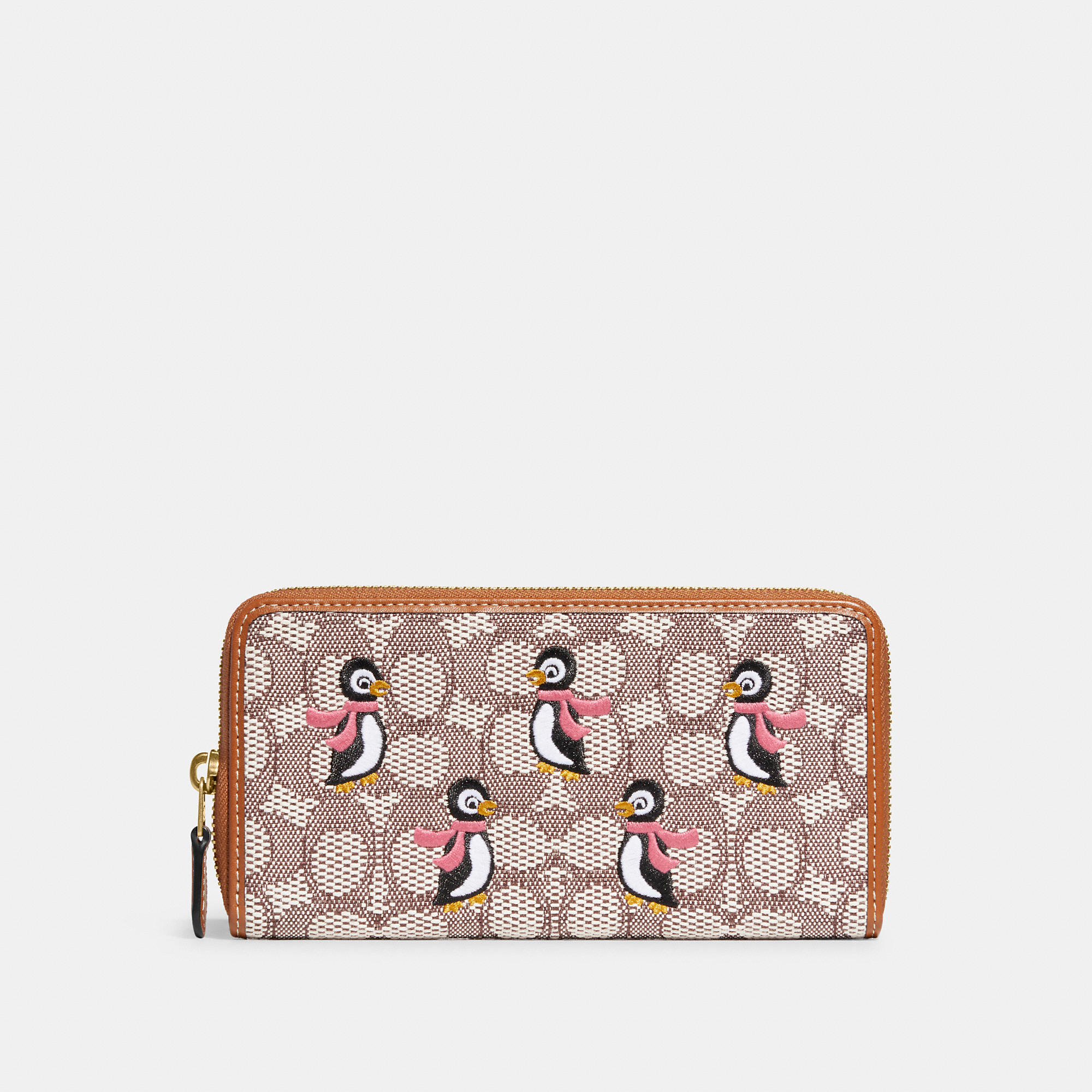 Coach Outlet Accordion Zip Wallet In Signature Textile Jacquard With Penguin Motif In Brown