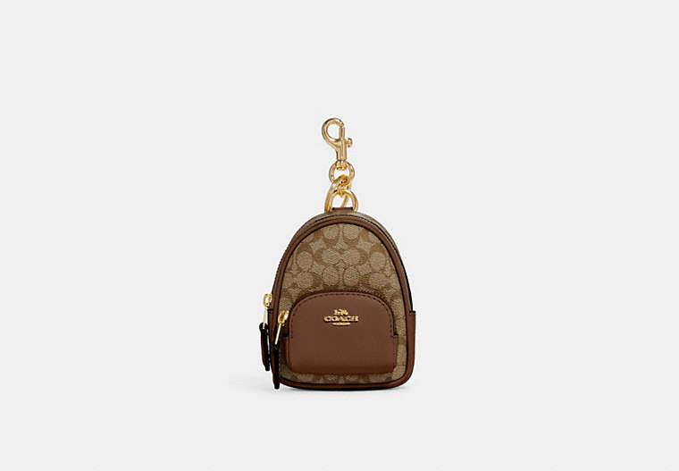 COACH®,MINI COURT BACKPACK BAG CHARM IN SIGNATURE CANVAS,Leather,Gold/Khaki Saddle,Front View