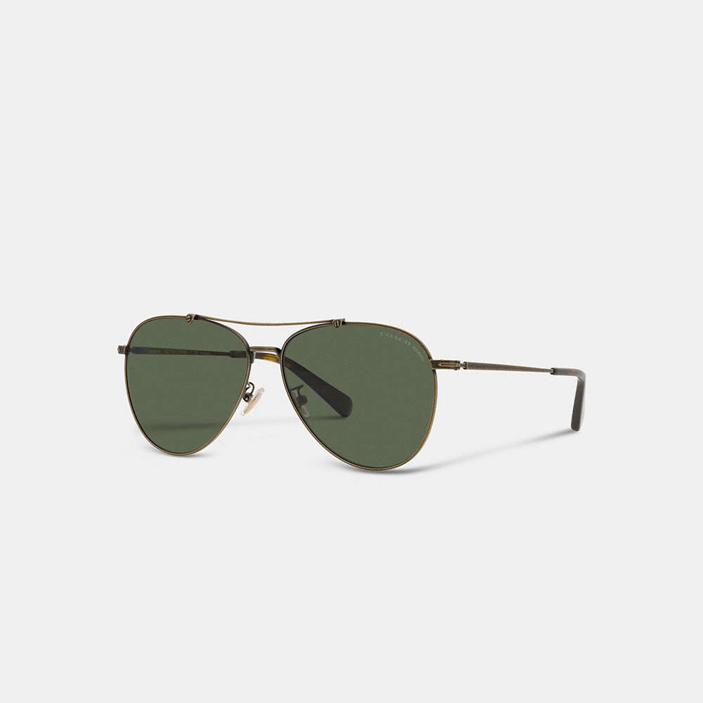 Coach Signature Metal Aviator Sunglasses In Antique Gold/dark Green