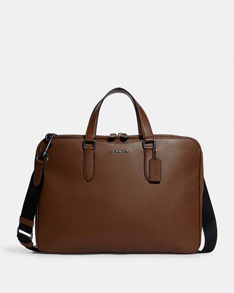 COACH®,GRAHAM SLIM BRIEF,Smooth Calf Leather,Large,Office,Gunmetal/Saddle,Front View