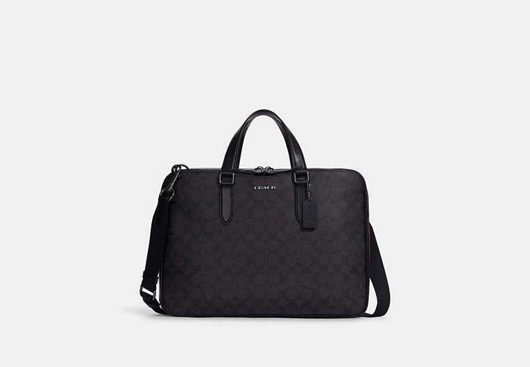 COACH®,GRAHAM SLIM BRIEF IN SIGNATURE CANVAS,Signature Coated Canvas,Large,Office,Gunmetal/Black/Black/Oxblood,Front View