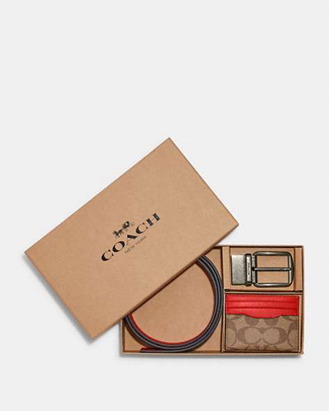 Boxed Card Case And Belt Gift Set In Colorblock Signature Canvas