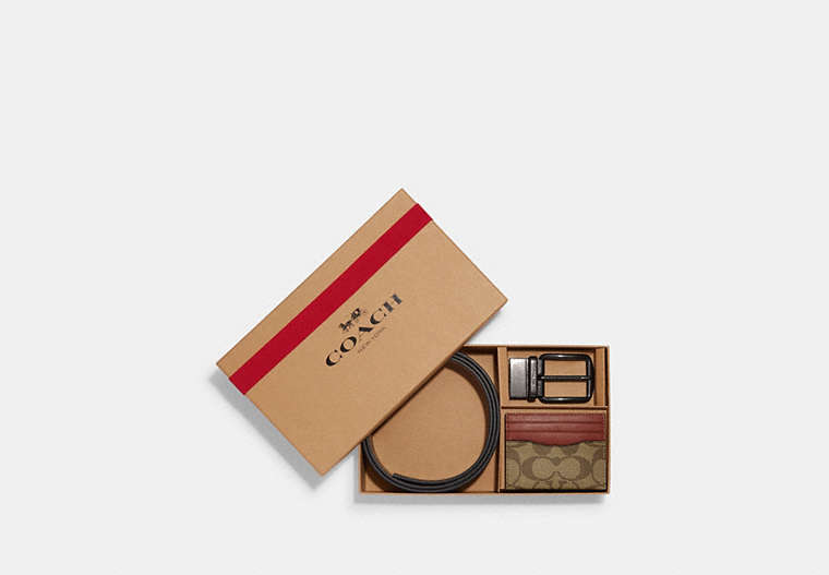 COACH®,BOXED CARD CASE AND BELT GIFT SET IN COLORBLOCK SIGNATURE CANVAS,Signature Coated Canvas,Black Antique Nickel/Khaki/Terracotta,Front View