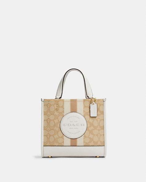 COACH®,DEMPSEY TOTE 22 IN SIGNATURE JACQUARD WITH STRIPE AND COACH PATCH,Jacquard,Medium,Anniversary,Gold/Light Khaki Chalk,Front View