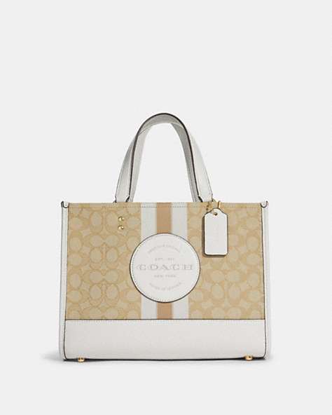 COACH®,DEMPSEY CARRYALL IN SIGNATURE JACQUARD WITH STRIPE AND COACH PATCH,Jacquard,Large,Travel,Gold/Light Khaki Chalk,Front View