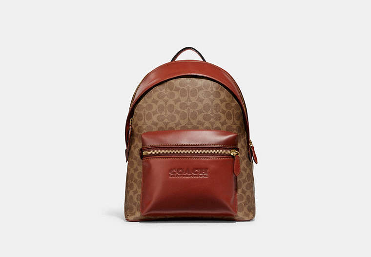 COACH®,CHARTER BACKPACK IN SIGNATURE CANVAS,Signature Coated Canvas,Large,Brass/Tan/Rust,Front View