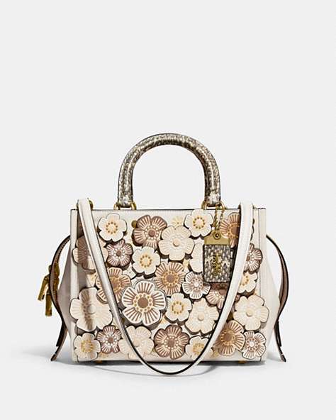 COACH®,ROGUE 25 IN COLORBLOCK WITH TEA ROSE AND SNAKESKIN DETAIL,Glovetanned Leather,Medium,Floral,Brass/Chalk Multi,Front View
