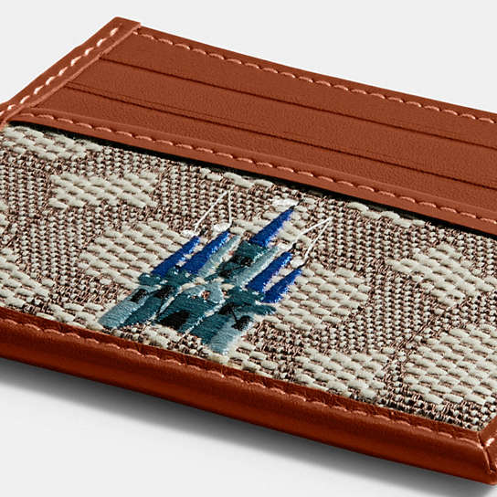 Disney X Coach Card Case In Signature Textile Jacquard With Castle 