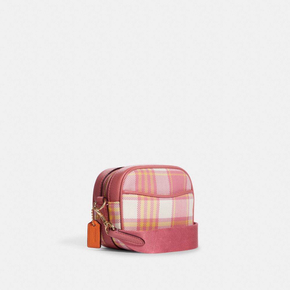 COACH®,Mini Dempsey Camera Bag With Garden Plaid Print And Coach Patch,,Angle View