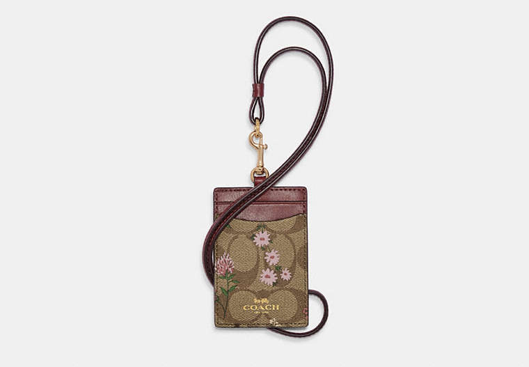 COACH®,ID LANYARD IN SIGNATURE CANVAS WITH WILDFLOWER PRINT,Coated Canvas/Leather,Mini,Gold/Khaki Multi,Front View