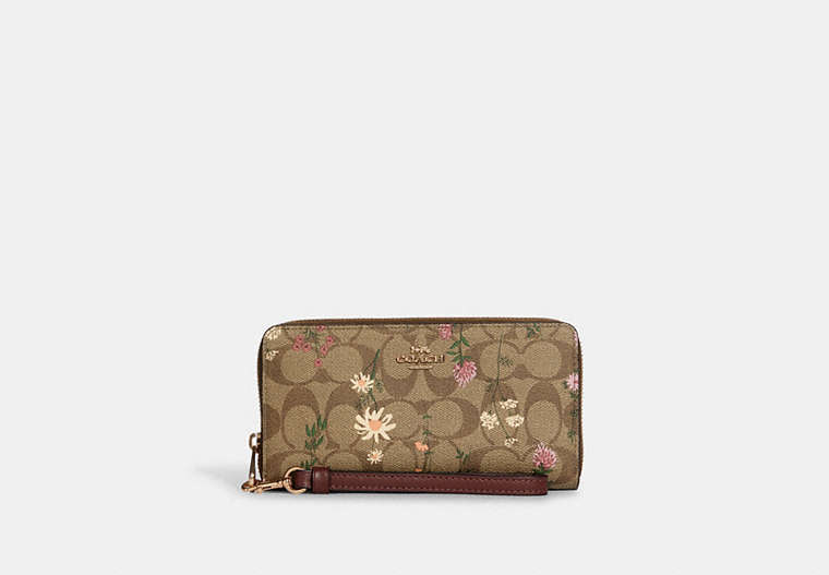 COACH®,LONG ZIP AROUND WALLET IN SIGNATURE CANVAS WITH WILDFLOWER PRINT,Coated Canvas/Leather,Mini,Gold/Khaki Multi,Front View