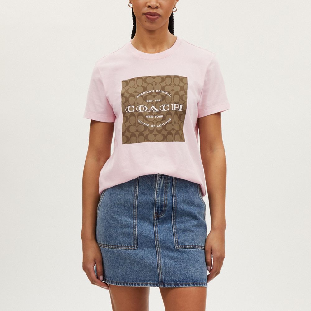 COACH®,Signature T-Shirt In Organic Cotton,Cotton,T Shirt,Logo,Word Embellishment,Casual,Pink,Scale View