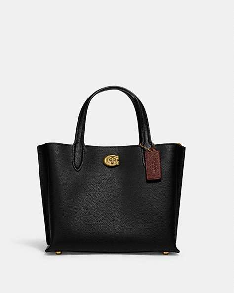 COACH®,WILLOW TOTE 24,Polished Pebble Leather,Medium,Brass/Black,Front View
