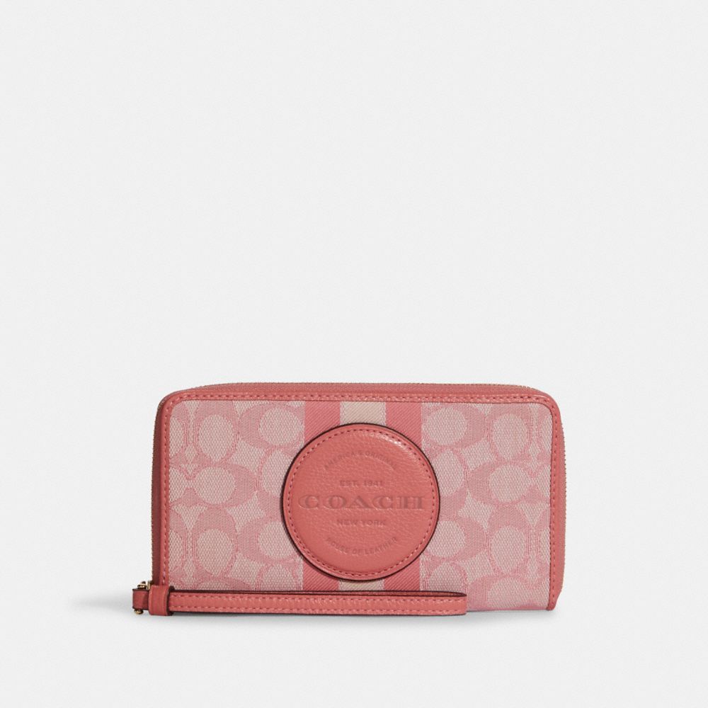 COACH®,Dempsey Large Phone Wallet In Signature Jacquard With Stripe And Coach Patch,Recycled Plastic,Cotton,Organic Cotton...,,Front View