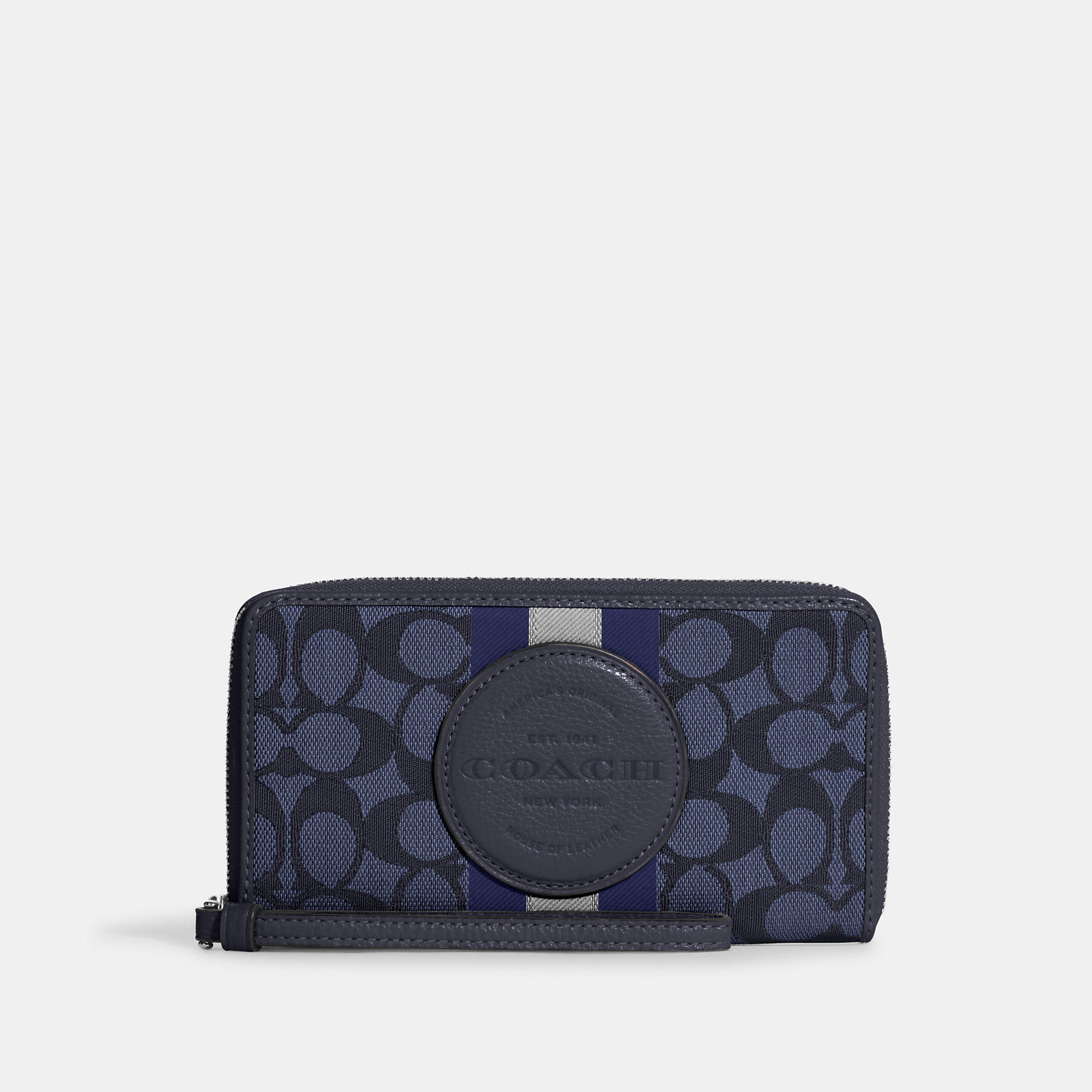 Coach Outlet Dempsey Large Phone Wallet In Signature Jacquard With Stripe And Coach Patch In Blue