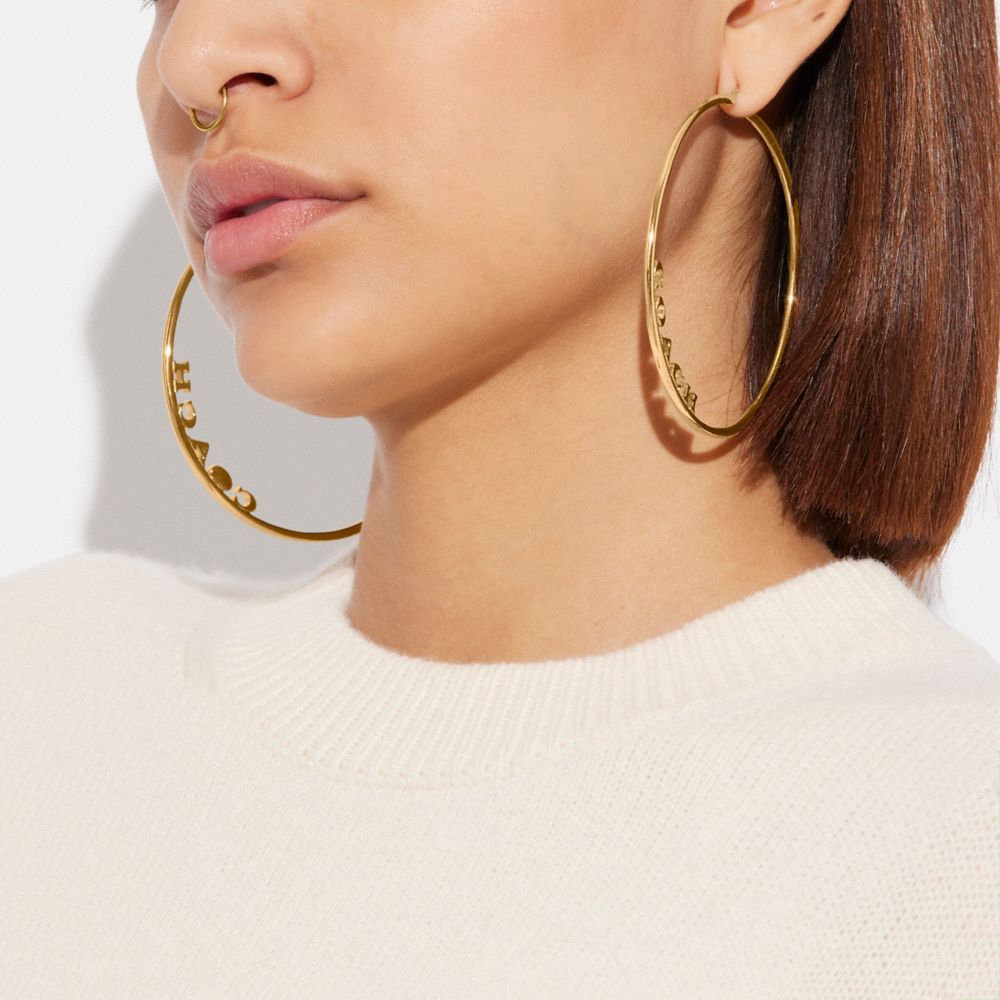 COACH®,Signature Large Hoop Earrings,Hoops,Logo,Lettering Word,Rhinestones,Gold Plated,Day Party,,Detail View