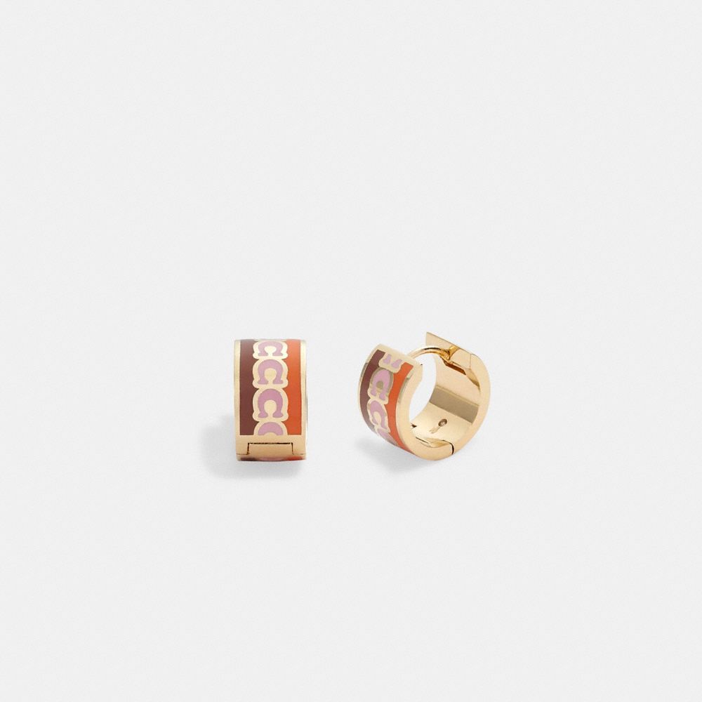 Coach Signature Enamel Hoop Earrings In Gold/orange Multi