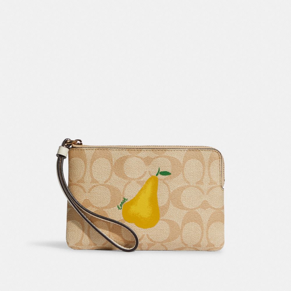 Corner Zip Wristlet In Signature Canvas With Pear