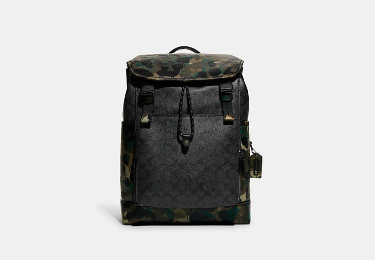 COACH®,LEAGUE FLAP BACKPACK IN SIGNATURE CANVAS WITH CAMO PRINT,Signature Coated Canvas,Large,Charcoal Multi,Front View