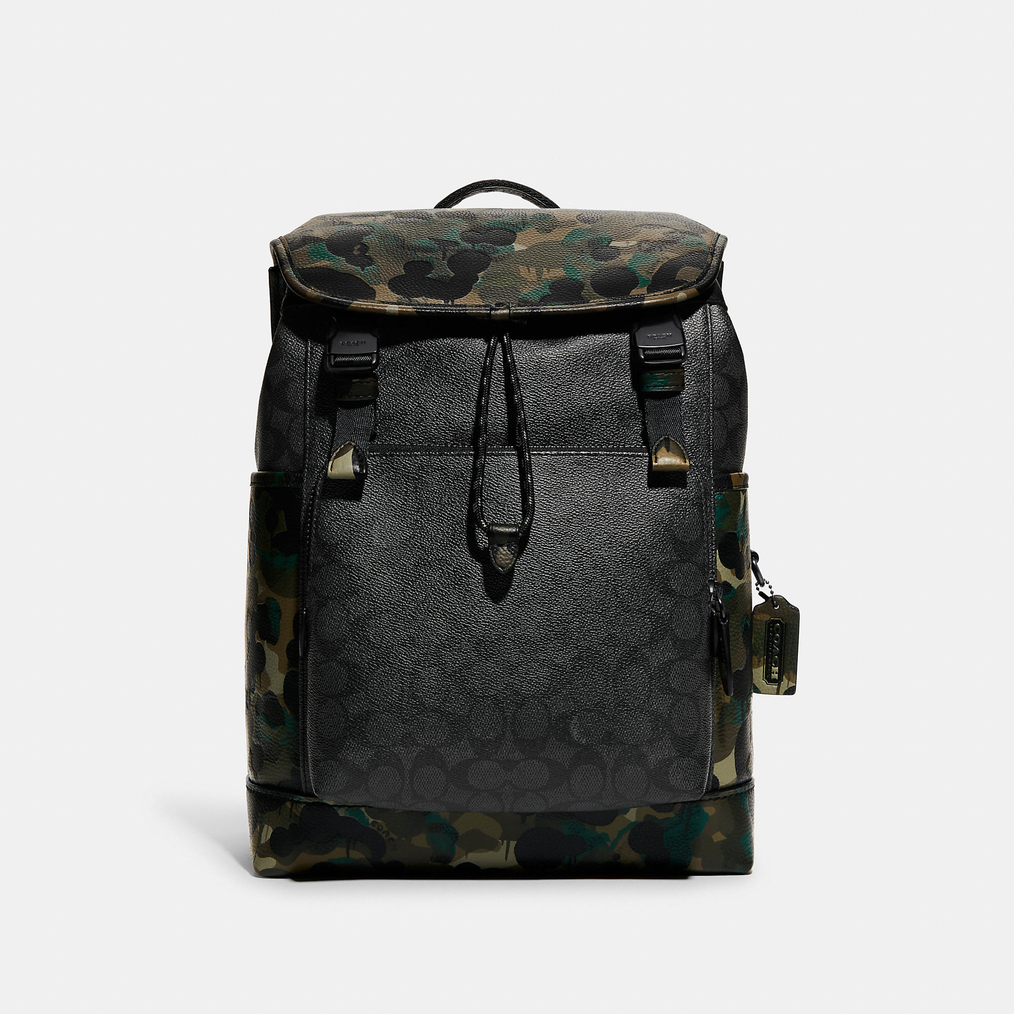 Coach Outlet League Flap Backpack In Signature Canvas With Camo Print In Grey/multi