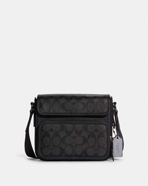 COACH®,SULLIVAN FLAP CROSSBODY IN SIGNATURE CANVAS,Pebbled Leather,Gunmetal/Black/Charcoal,Front View